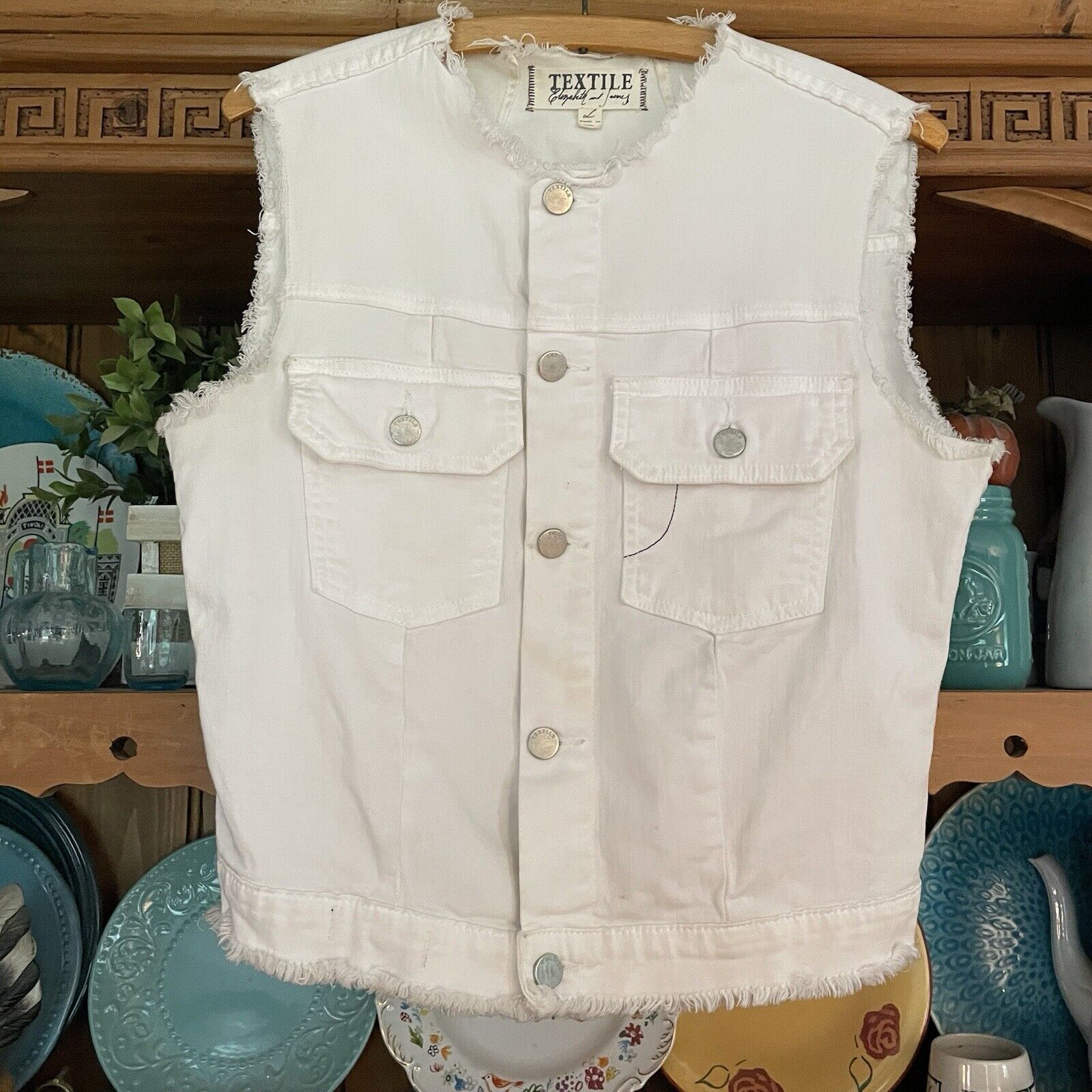 Elizabeth And James Textile Sid Vest Sz L Women White Frayed Denim Trucker Style